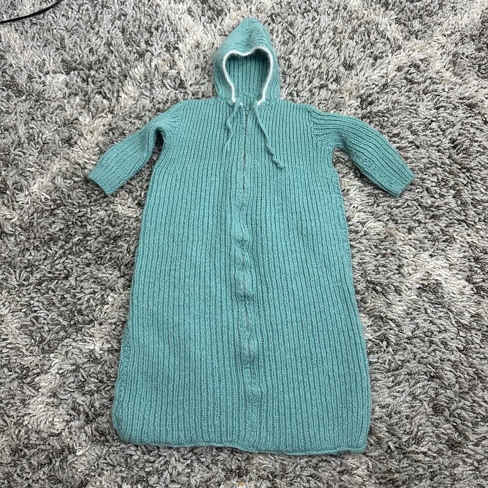 Vintage Baby Bunting Layette Knit Teal Green Sleep Sack with Hood Infant Newborn